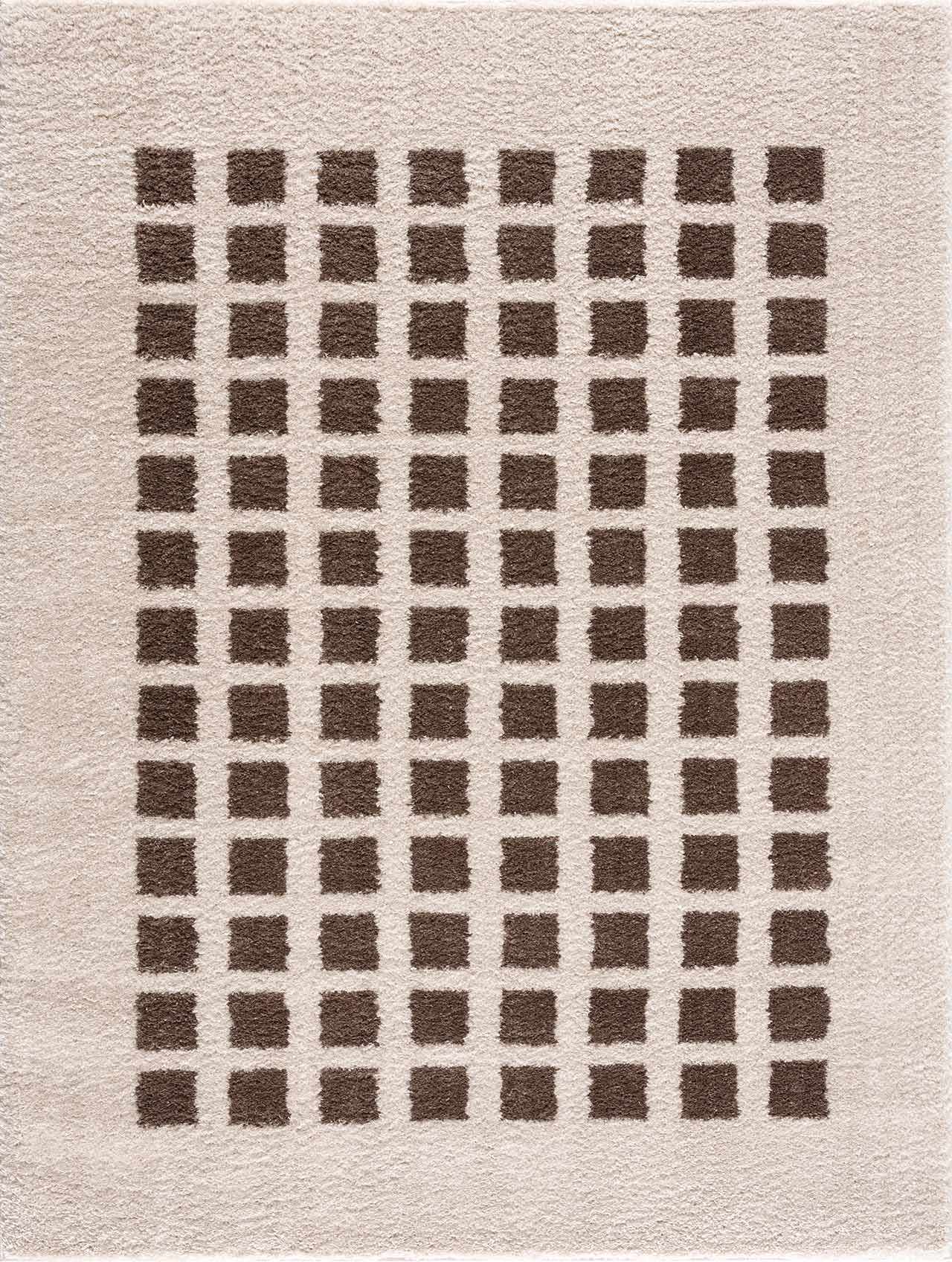 Close-up of the Baback Brown Washable Area Rug, featuring a grid pattern of dark brown squares on a light peach background. Design-Rectangle-537