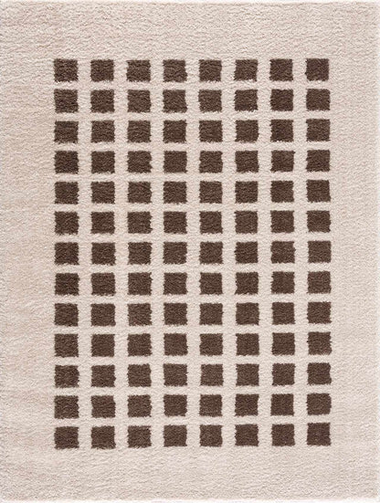 Close-up of the Baback Brown Washable Area Rug, featuring a grid pattern of dark brown squares on a light peach background. Design-Rectangle-537