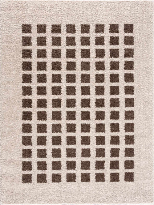 Close-up of the Baback Brown Washable Area Rug, featuring a grid pattern of dark brown squares on a light peach background. Design-Rectangle-537