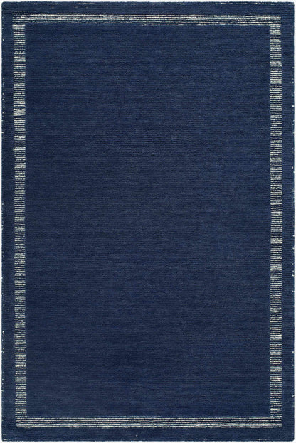 Close-up of the Tufape Modern Minimalist Handmade Area Rug; rectangle shape, slate gray wool with thin purple border. Design-Rectangle-576