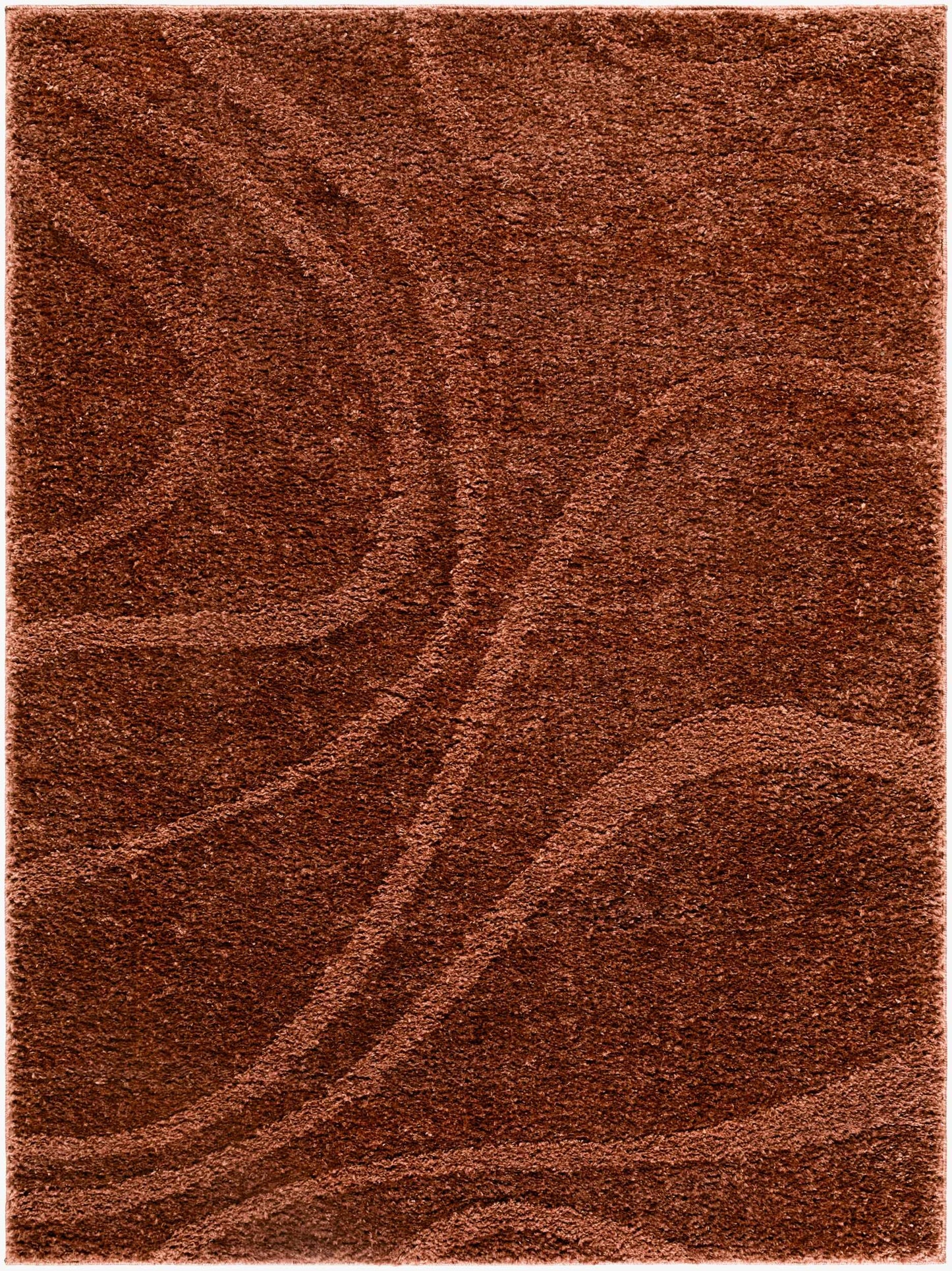 Close-up of the Horst Area Rug in rust, featuring a plush pile and subtle, swirling contemporary pattern. Design-Rectangle-537