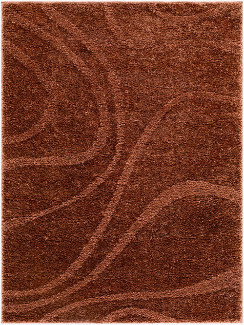 Close-up of the Horst Area Rug in rust, featuring a plush pile and subtle, swirling contemporary pattern. Design-Rectangle-537